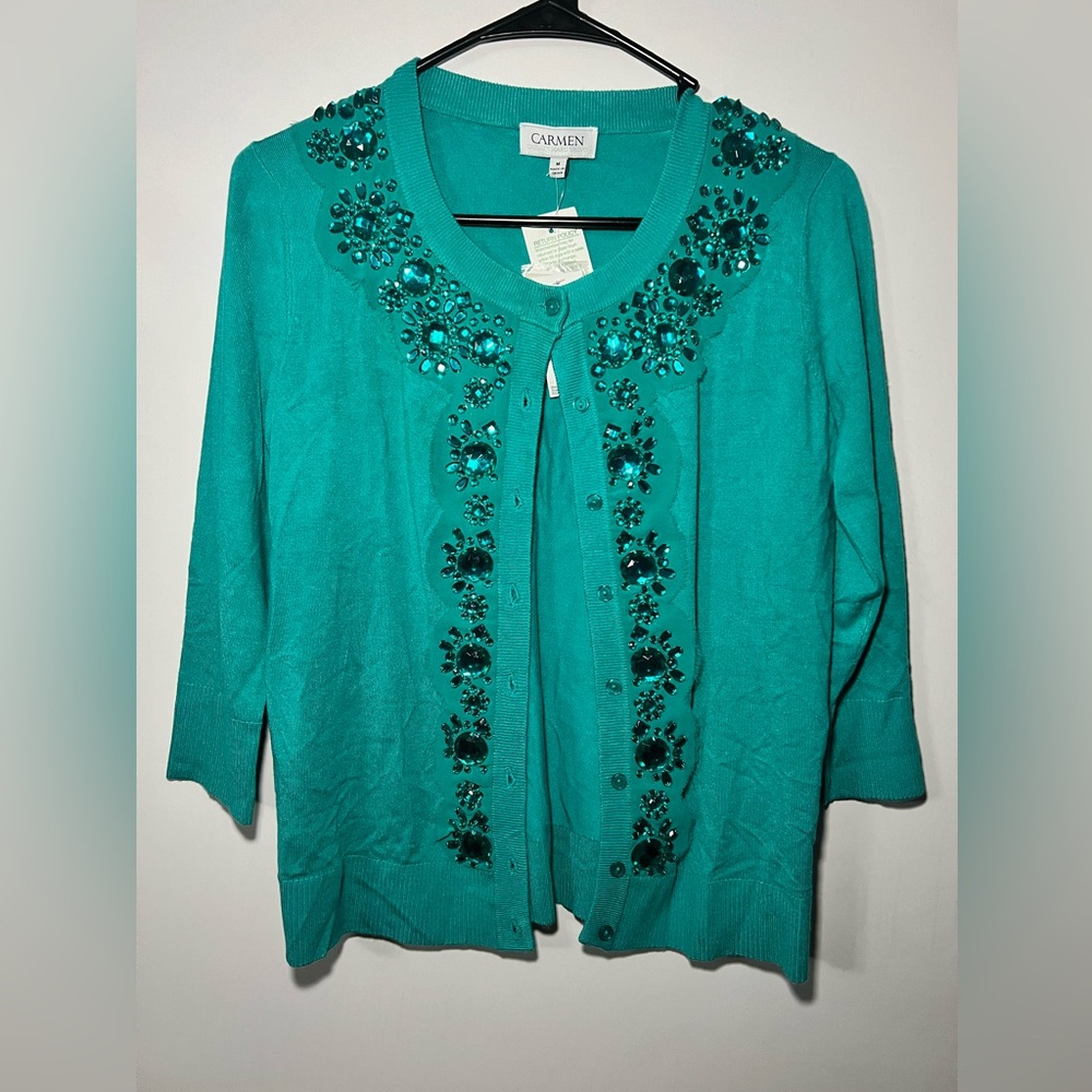 Carmen Jewel Embellished Cardigan, Women’s Size Medium, Cool Turquoise, NWT